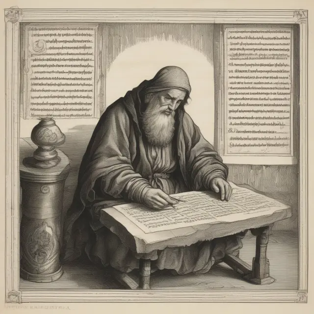 An ancient scribe carefully writing the guidelines for managing and maintaining a traditional IRA on parchment scrolls