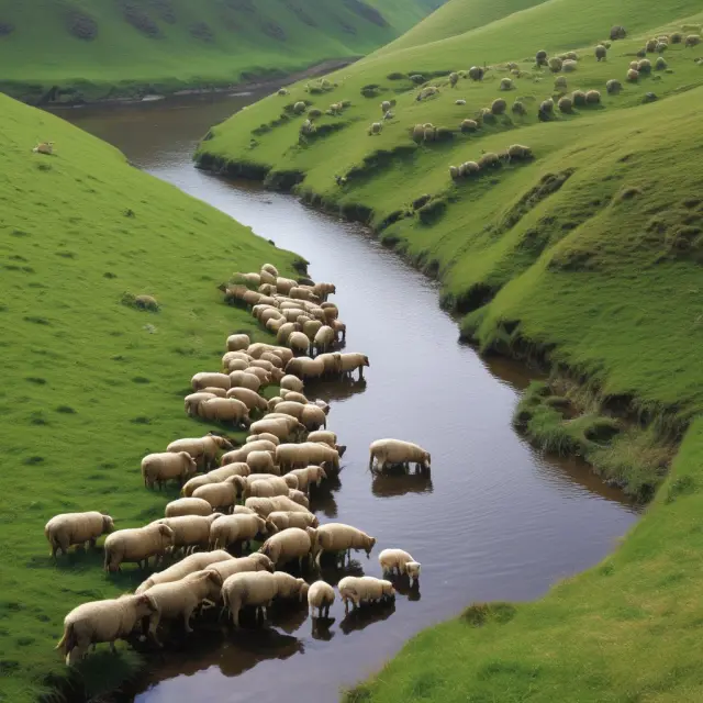 Shepherds with sheep near a shared water source, representing the tragedy of commons and potential resource depletion