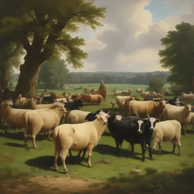 Scene depicts Lloyd and Hardin amidst shepherds, discussing the tragedy of commons theory on a common pastureland