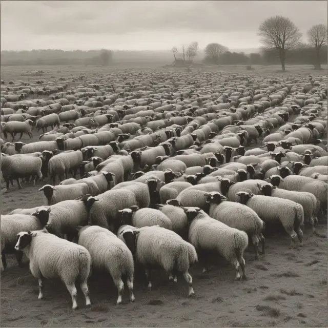 Shepherds grazing flocks on a shared pasture, leading to overgrazing and resource depletion.