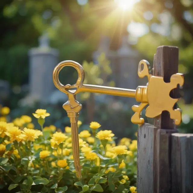 A golden key unlocks a beautiful garden, symbolizing the transformation of common resources into privately owned goods