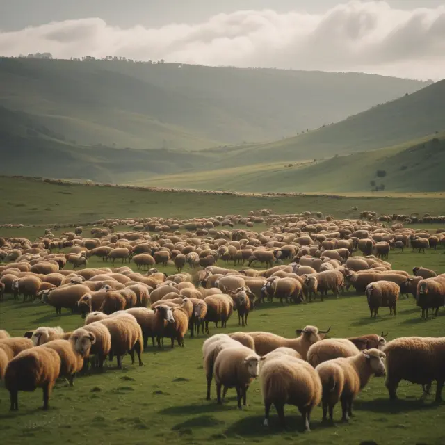 Shepherd guiding sheep through a lush, green pasture under the watchful eyes of government officials.