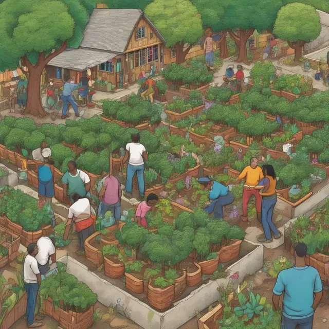 Garden scene with individuals nurturing various plants symbolizing shared resources under a collective agreement.
