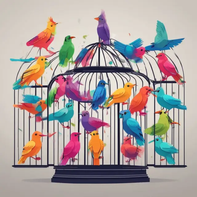 Four different colored birds (Visa, MasterCard, Amex, Discover) in a cage, each with a tag showcasing their interchange rates and fees