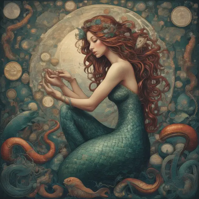 Mermaid weaving a tapestry representing payment networks (Visa, MasterCard, Amex, Discover) and interchange fees