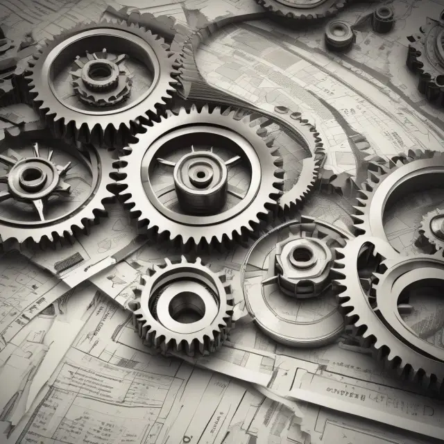 Image depicting cogs turning with financial statements and money, representing transaction processing.