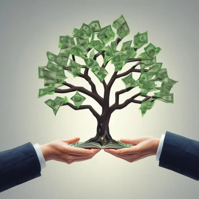 Digital hand approving an ACH transaction between two money trees, illustrating the automated exchange process