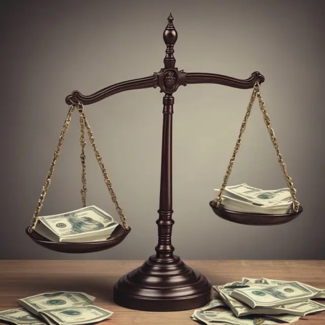 An old-fashioned scale with ethics symbolized by a book balanced against a pile of gold coins representing transaction costs. Regulatory bodies hold down the scale to ensure fairness.