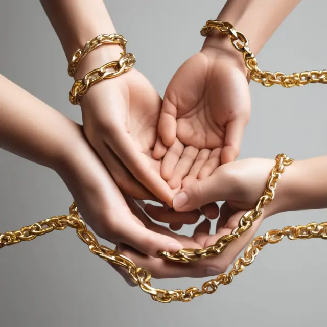 Golden chain linking hands representing buyers, first beneficiaries, and secondary beneficiaries in a transferable letter of credit system.