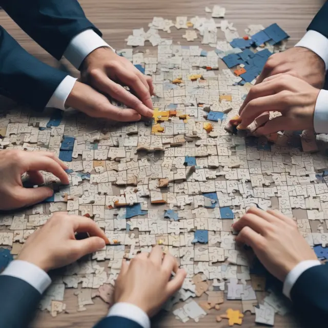 Bankers examine a complex jigsaw puzzle, assessing various pieces representing business parties and transactions, as they consider issuing transferable letters of credit.