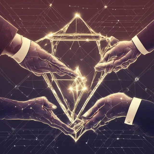 Two hands passing a shining diamond symbolizing payment in the context of transferable letters of credit. Complex network of business deals surrounds them.