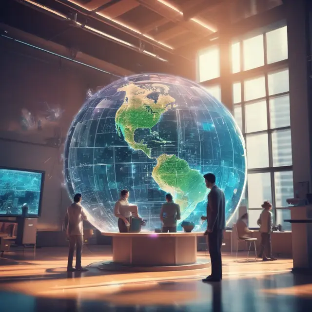 Robots analyzing data on a hologram globe in a futuristic insurance company headquarters