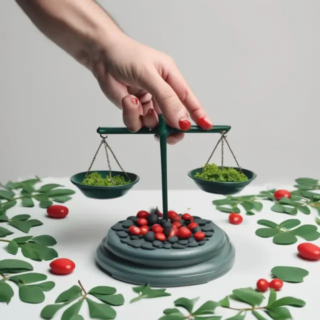 Underwriter assessing risks on a digital scale, balancing green leaves and red pebbles