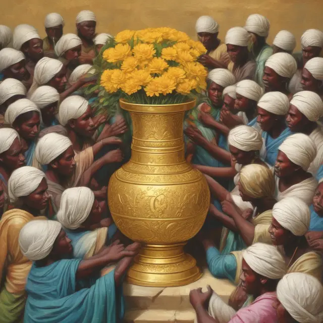 Image: A TOD vase filled with gold investment tokens representing securities, with outstretched beneficiary hands ready to receive the assets upon the account holder