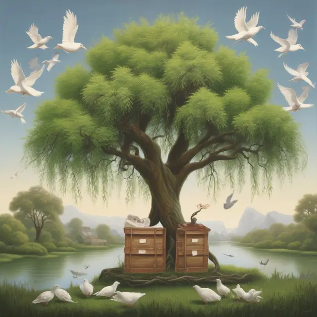 Willow tree symbolizes inheritance, legacy boxes represent beneficiaries, and the dove carries a death certificate to a brokerage firm for asset transfer