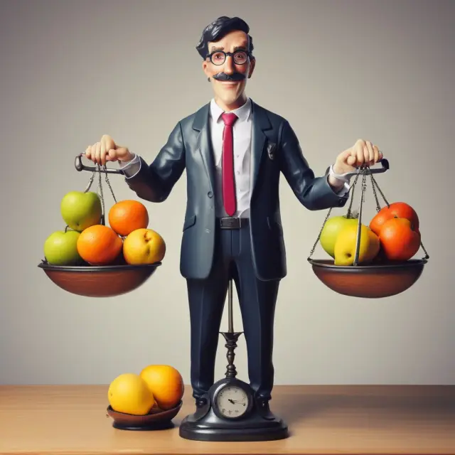 An image of a tax collector carefully weighing an array of TOD account fruits, symbolizing various assets, against a scale adorned with estate and inheritance taxes