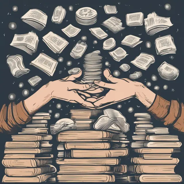 Image of coins flowing between human hands and books stacked up, illustrating transfer payments made to individuals and institutions