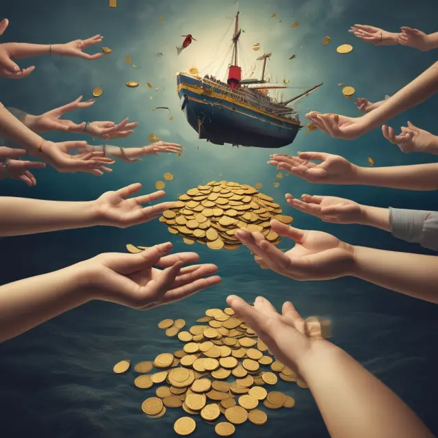 Hand distributing gold coins to people on a sinking ship - illustrating government transfer payments during economic recessions
