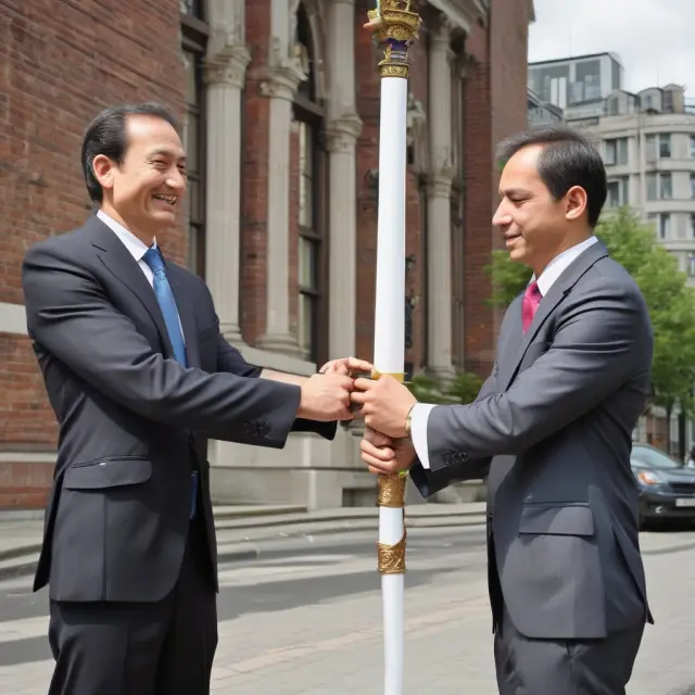A pair of figures representing individuals passing a property title and a torch to signify the transfer of ownership and tax implications.