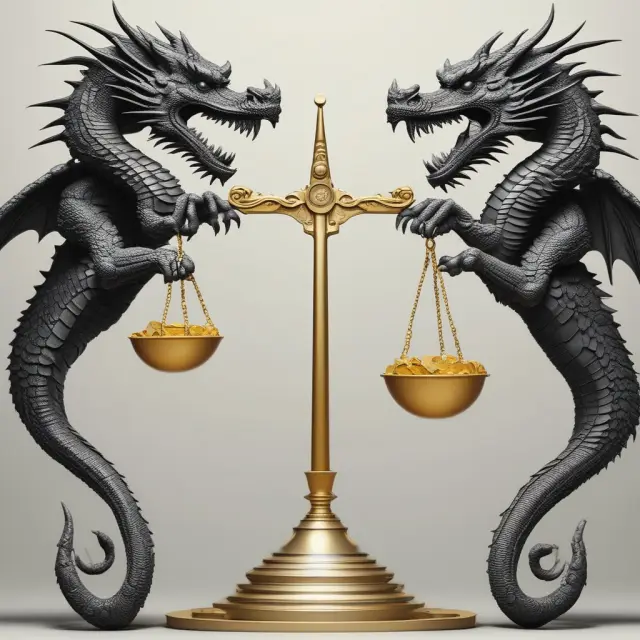 Two golden dragons illustrating currency exchange rates for transaction and translation risk, with scales displaying asset balance
