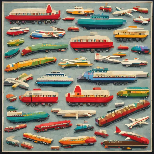 Visual metaphor representing various transportation industries: airplanes, trucks, ships, and trains interconnected