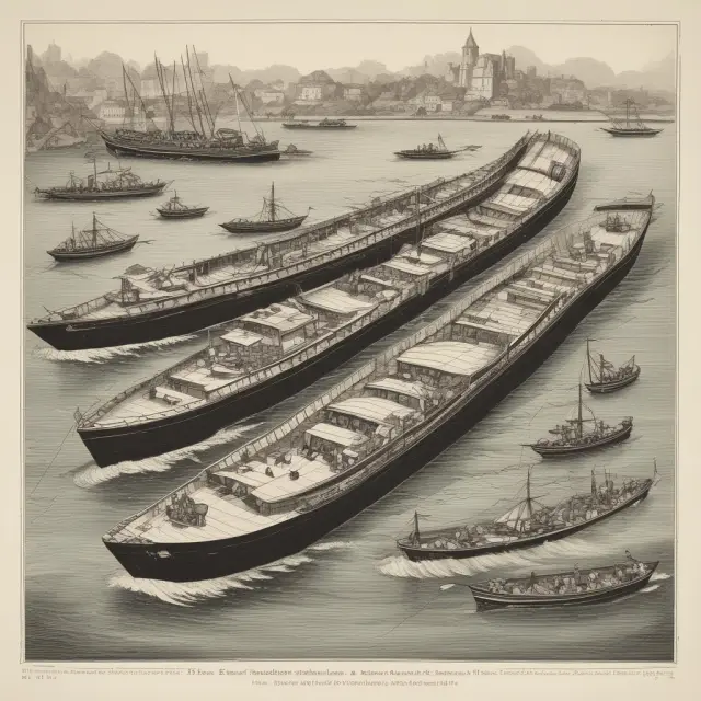 A serene river filled with various boats symbolizing the transformation of the Dow Jones Transportation Average throughout history