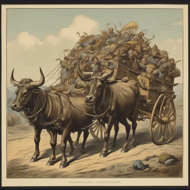 Two sturdy oxen pulling a loaded cart, representing the vital role and influence of the transportation sector in the economy