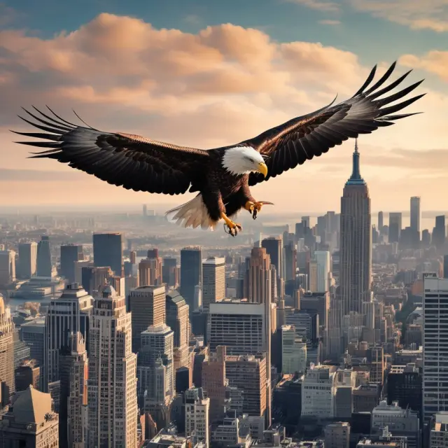A golden eagle flying above a modern, diverse city with green buildings and renewable energy symbols, symbolizing ESG factors in transportation.