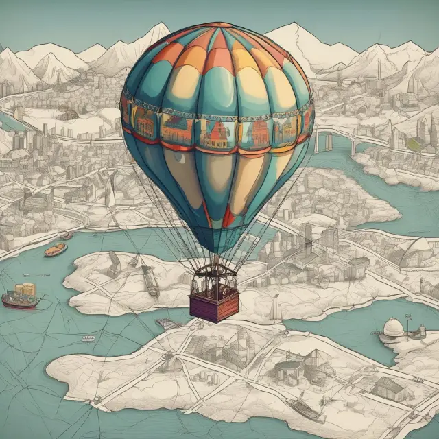 Hot air balloon with ESG factors rising above a map illustrating various transportation sub-industries