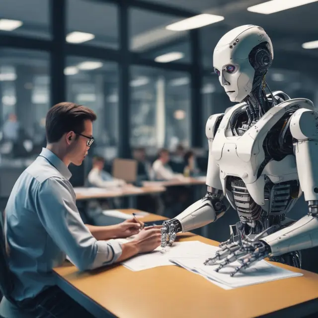 An accountant double-checking figures while a robot stands by, illustrating human error prevention through collaboration between humans and technology.