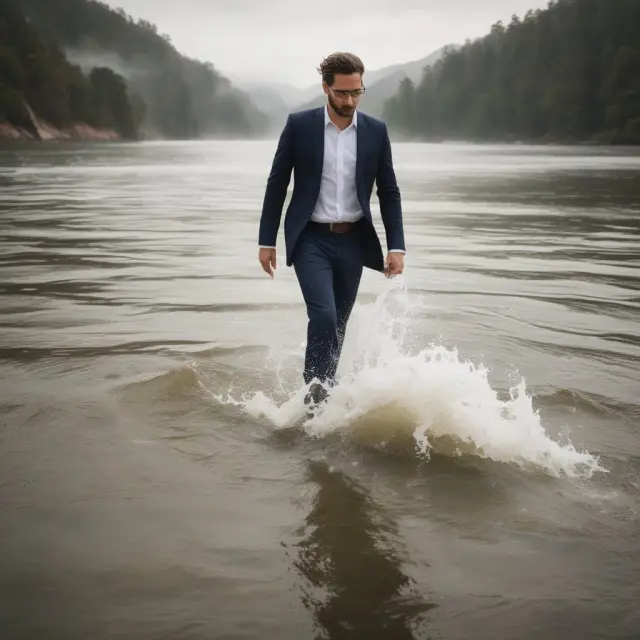 An entrepreneur paddling a boat through stormy waters while juggling performance targets and hiring, symbolizing the challenges faced by startups dealing with inflexible tranching structures