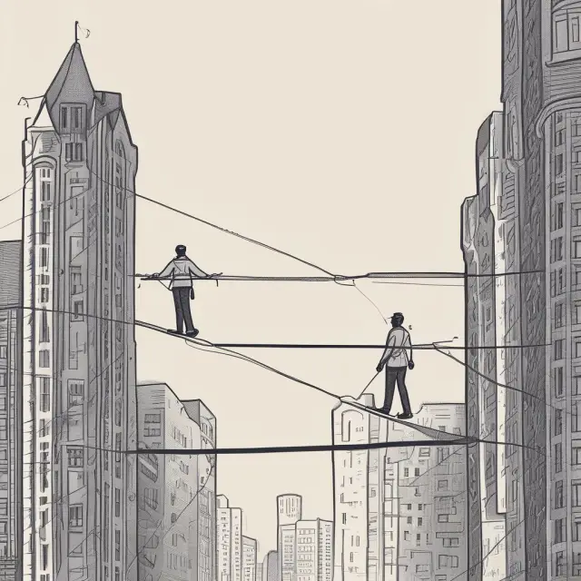 An entrepreneur walking on a tightrope, juggling misaligned incentives from investors and maintaining transparent communication for long-term partnerships.