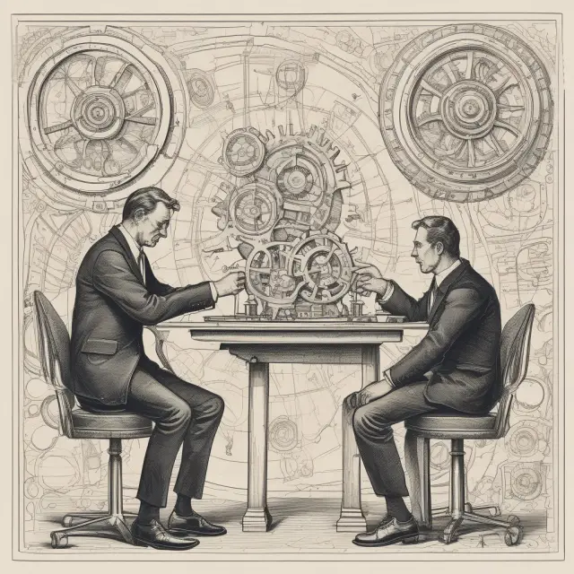 Lawyer and entrepreneur working together on a tranche agreement, surrounded by interconnected gears representing clear communication and effective collaboration