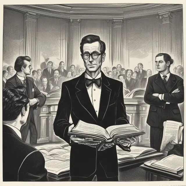 Entrepreneur and investors around a table, discussing an open book of regulations with a magnifying glass hovering over it