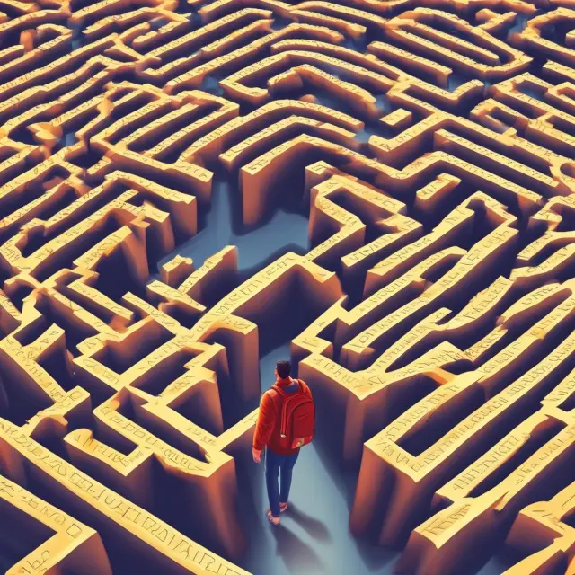 Traveler considering various travel insurance coverages represented by maze segments: trip cancellation, baggage, medical expense, and accident