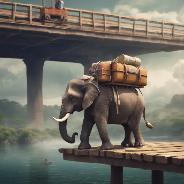A traveling elephant carries delicate suitcases across a bridge, symbolizing the protection of personal belongings during journeys.