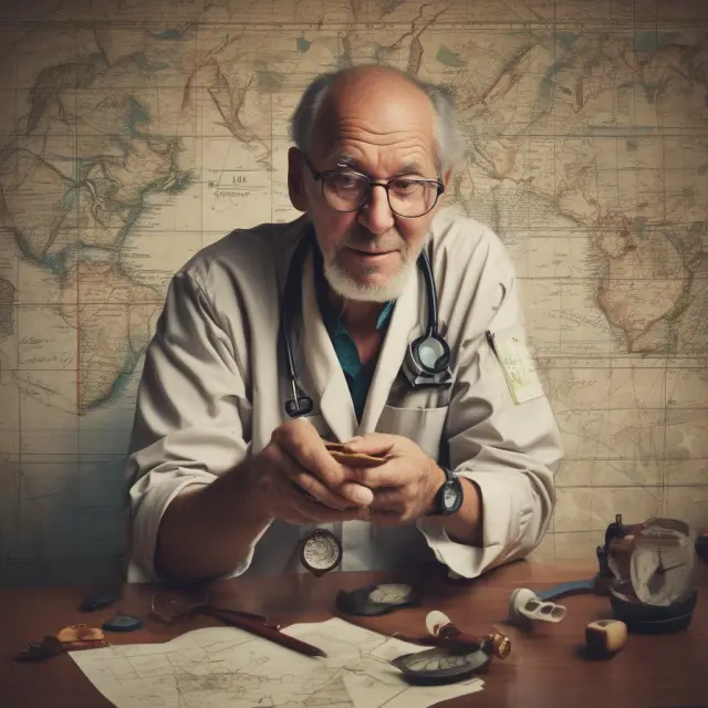 A world explorer consulting a compass while medical symbols flow around him, symbolizing the choice between short-term or major medical travel insurance coverage.