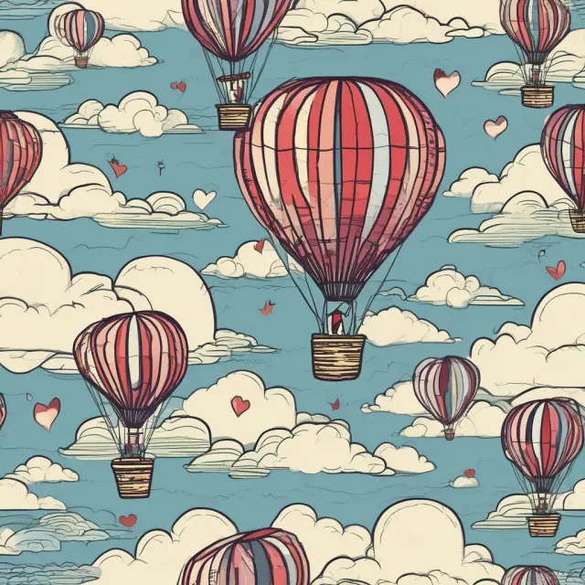 A hot air balloon carries a heart over a stormy sky, symbolizing travelers