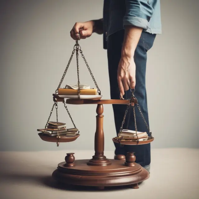 Traveler carefully weighing different insurance policies on a balance scale. This image represents the importance of selecting the best insurance coverage for a trip.