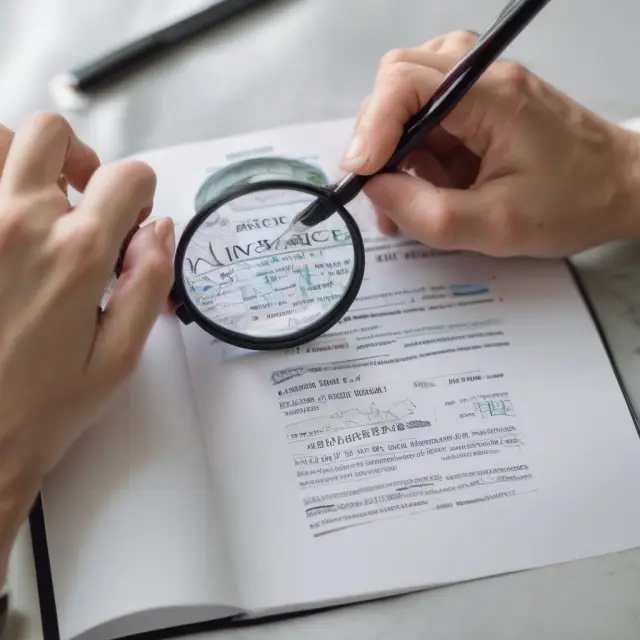 A person examines the fine print of a travel insurance policy with a magnifying glass, symbolizing careful consideration and avoiding unexpected surprises during claims.
