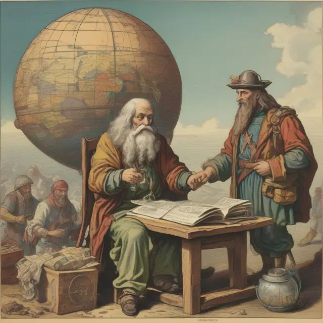 A traveling merchant handing out traveler’s checks with diverse currencies and denominations to adventurous globetrotters