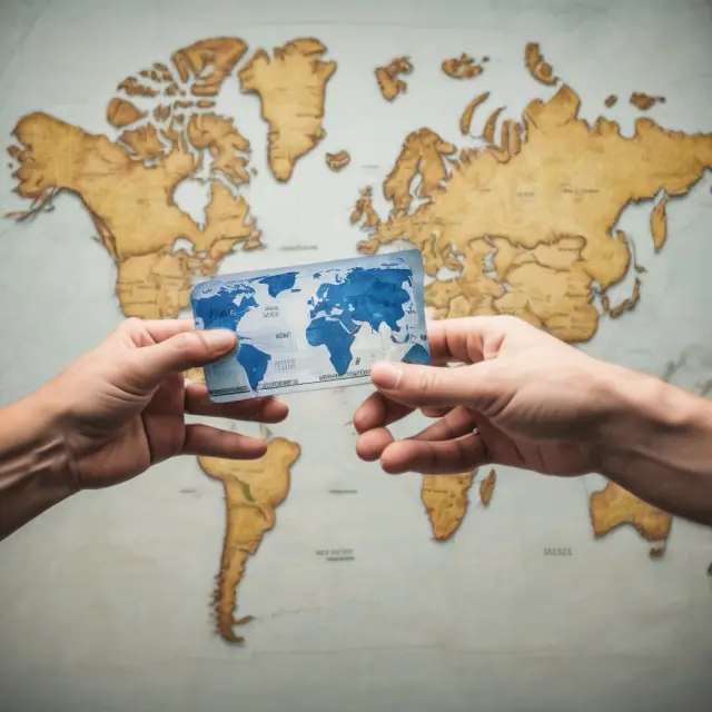 Person holding both a credit card and prepaid travel card in front of a world map, illustrating the convenience of modern payment methods while traveling.