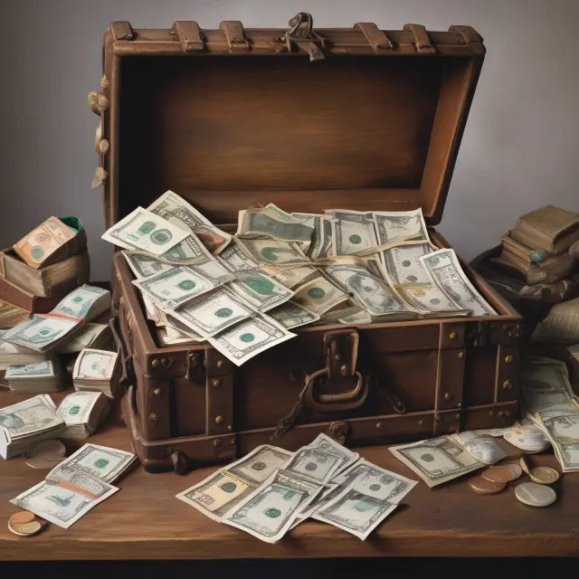 An ornate wooden chest bursting with different currencies and traveler