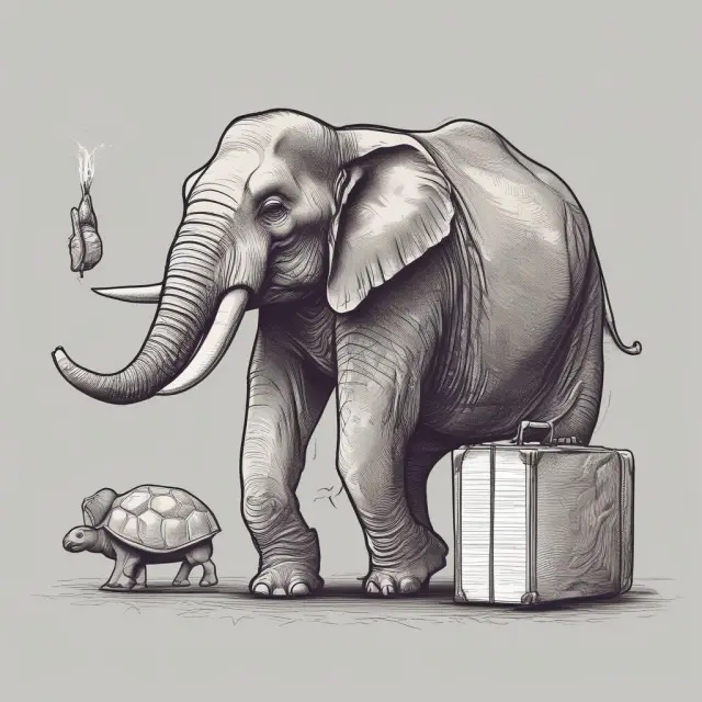 An elephant overburdened with extravagant travel expenses contrasts with a turtle carrying essential work materials