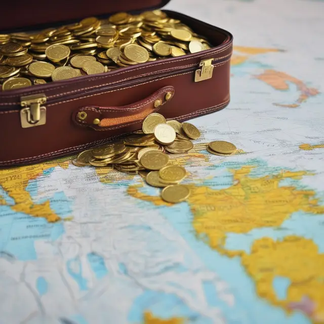 A suitcase overflowing with golden coins represents business travel expenses on a world map, highlighting deductible items for self-employment tax purposes.
