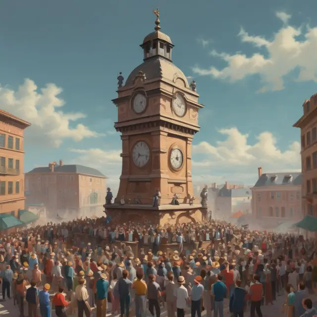 A vibrant group of bidders interacting atop a clocktower to determine securities