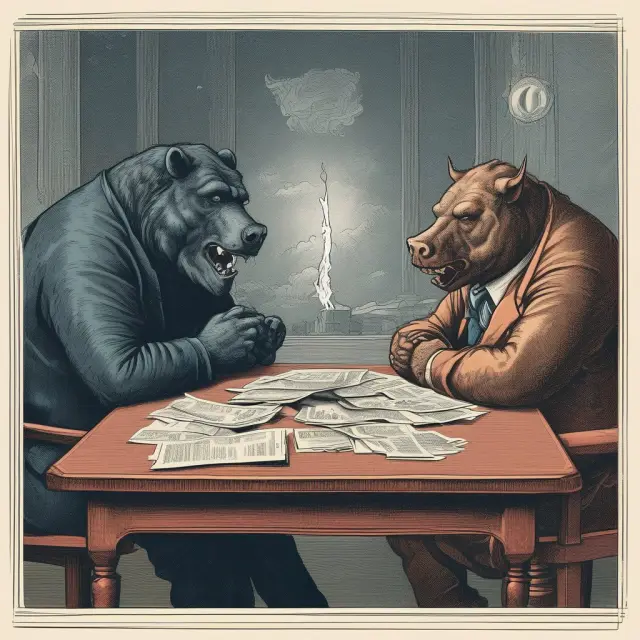 Bull (representing issuers) and bear (representing investors) discussing advantages and disadvantages of treasury stock repurchases amidst financial ratio charts.