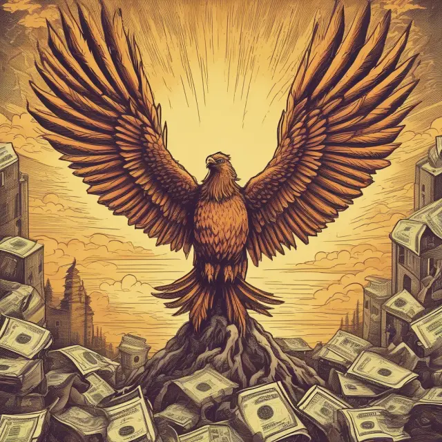 Phoenix rising from a pile of stocks and shares, representing retired treasury stock.