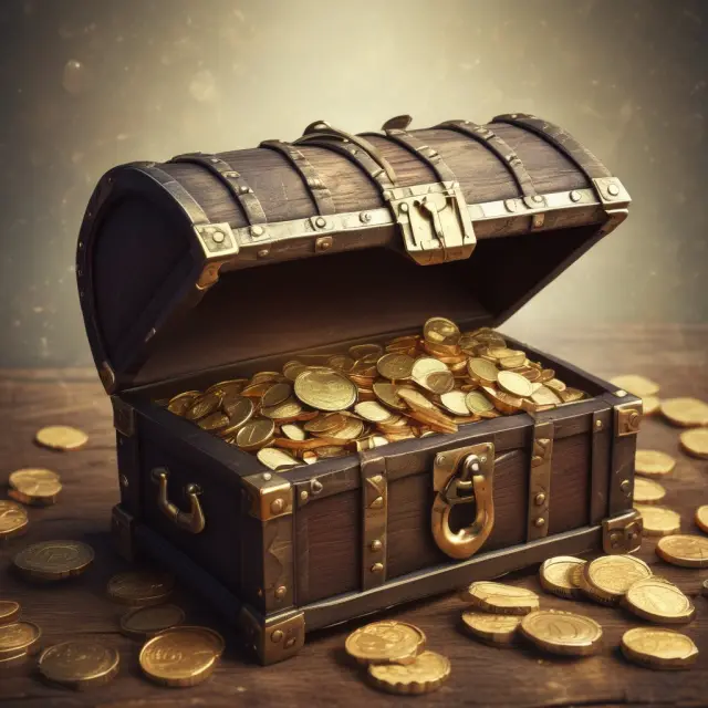 An image of a treasure chest brimming with gold coins, symbolizing stock dilution as some coins are traded on the market to represent newly issued shares.