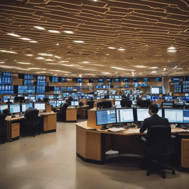 An imaginative image of a bustling marketplace where investors interact with treasury stocks, options, and warrants, influencing earnings per share through dilution.